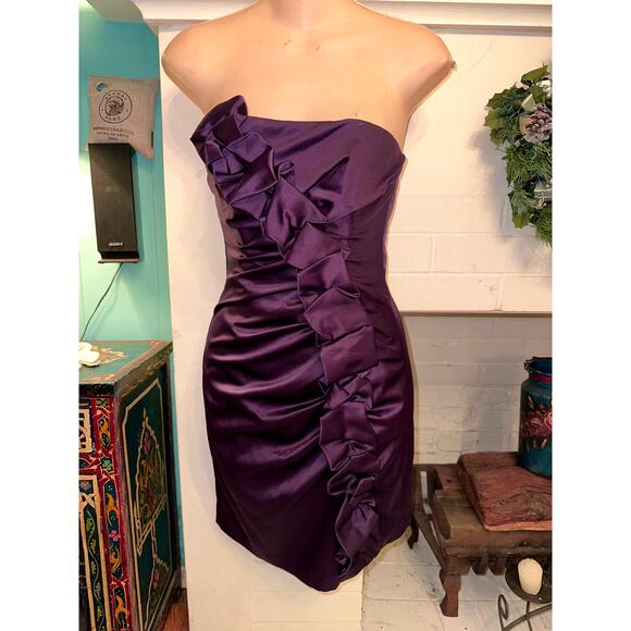 VINTAGE GUNNE SAX PURPLE SATIN RUFFLED STRAPLESS DRESS 3 - Picture 1 of 7